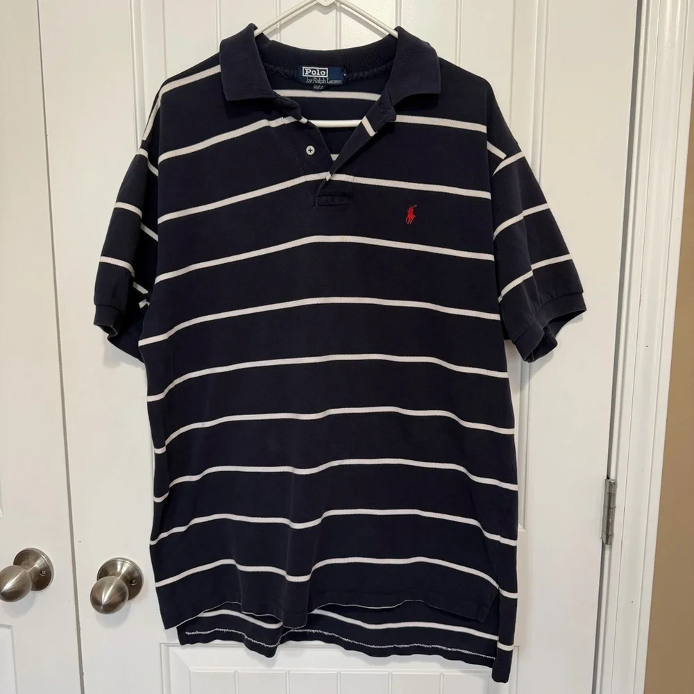Polo Ralph Lauren Striped Short Sleeve Shirt Men’s XL Navy Blue Red Pony Cotton